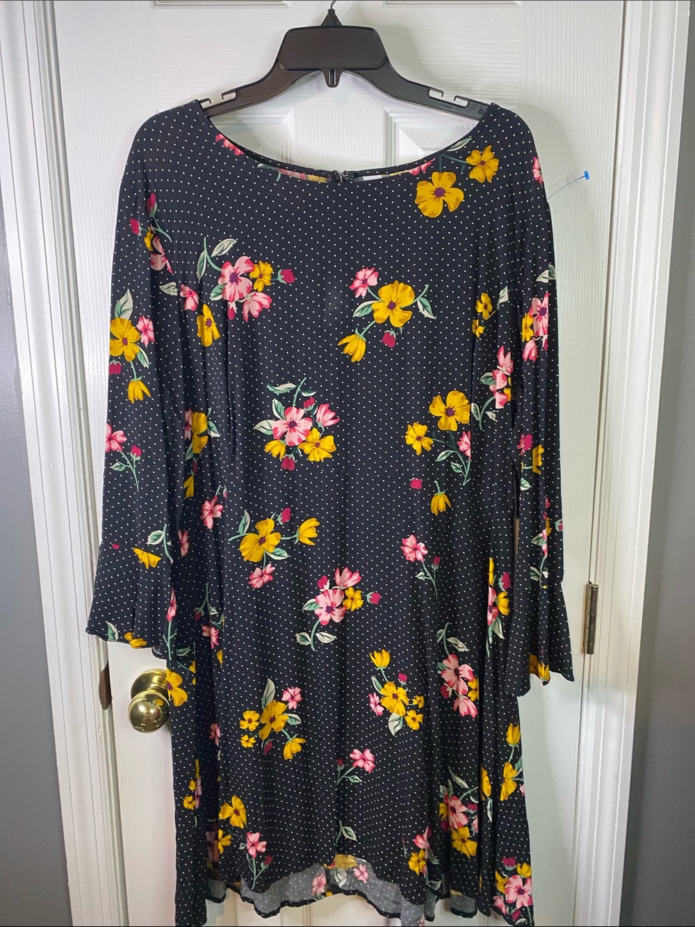 Old Navy Black Long-Sleeve Floral Swing Dress with Pink & Yellow Blooms Size 2XL